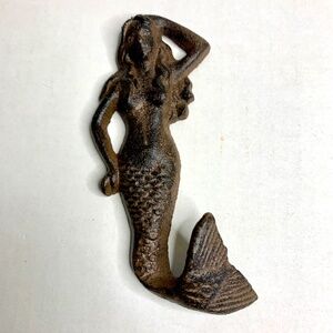 Cast Iron rustic Coastal Mermaid nautical/beach wall hook, antique brown finish